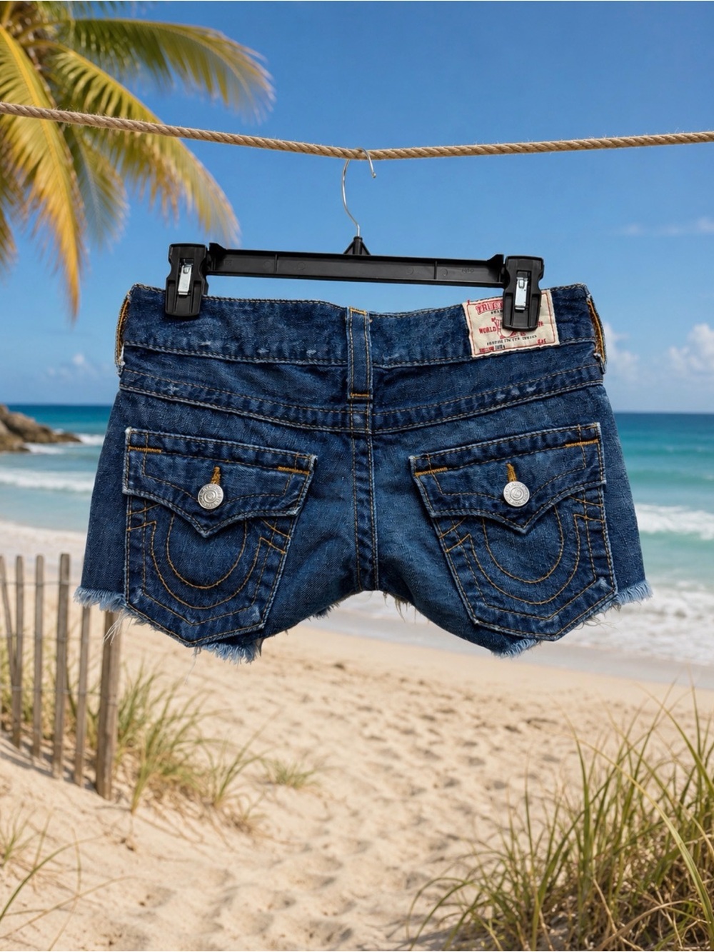 True Religion Dark Blue Denim Joey Cutoff Pocket Shorts waist 25